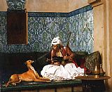 Jean-leon Gerome Famous Paintings - Arnaut blowing Smoke at the Nose of his Dog